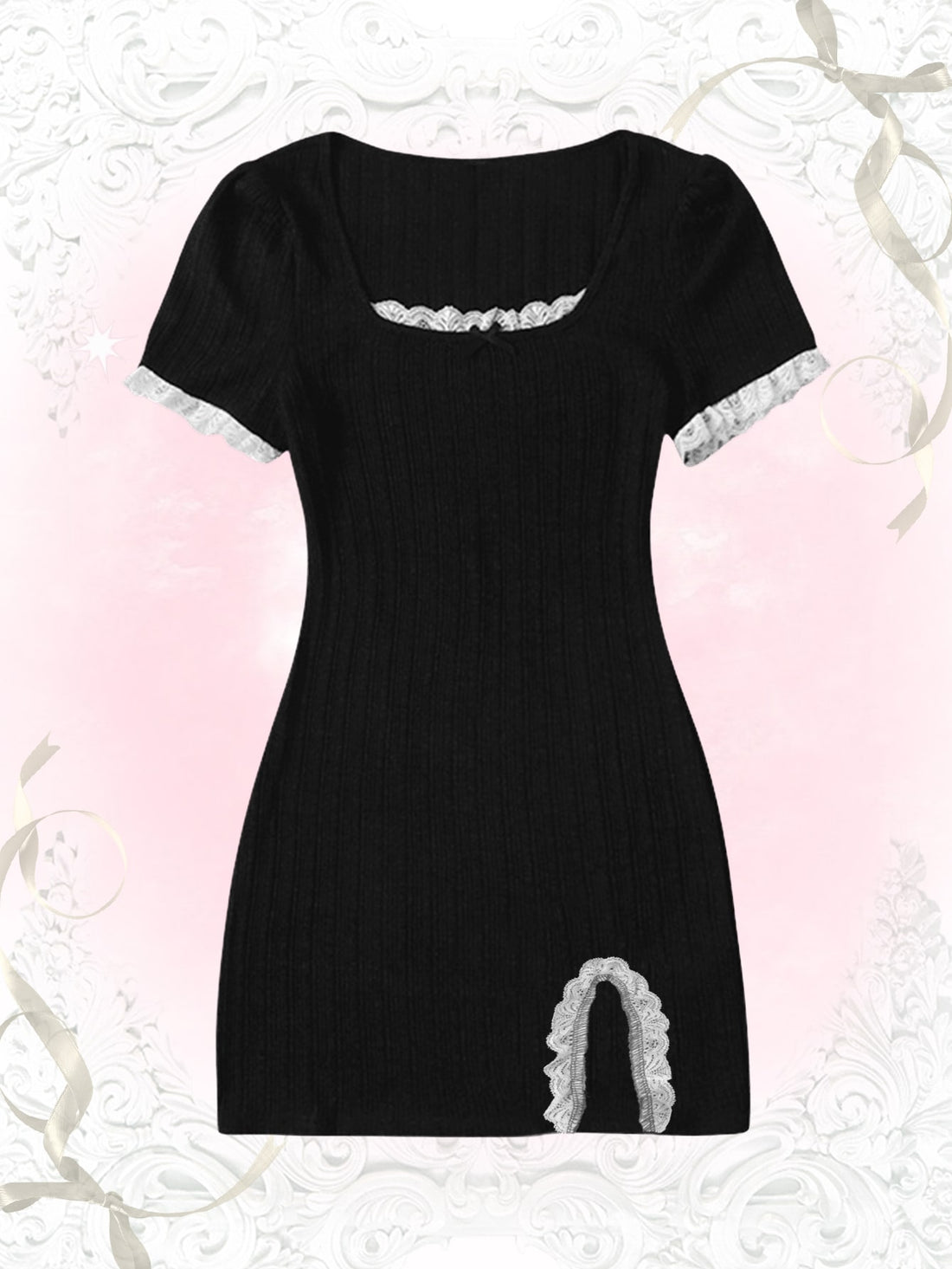 Women's black ribbed bodycon mini dress with scoop neck, short sleeves, contrast lace trim, and side split hem.