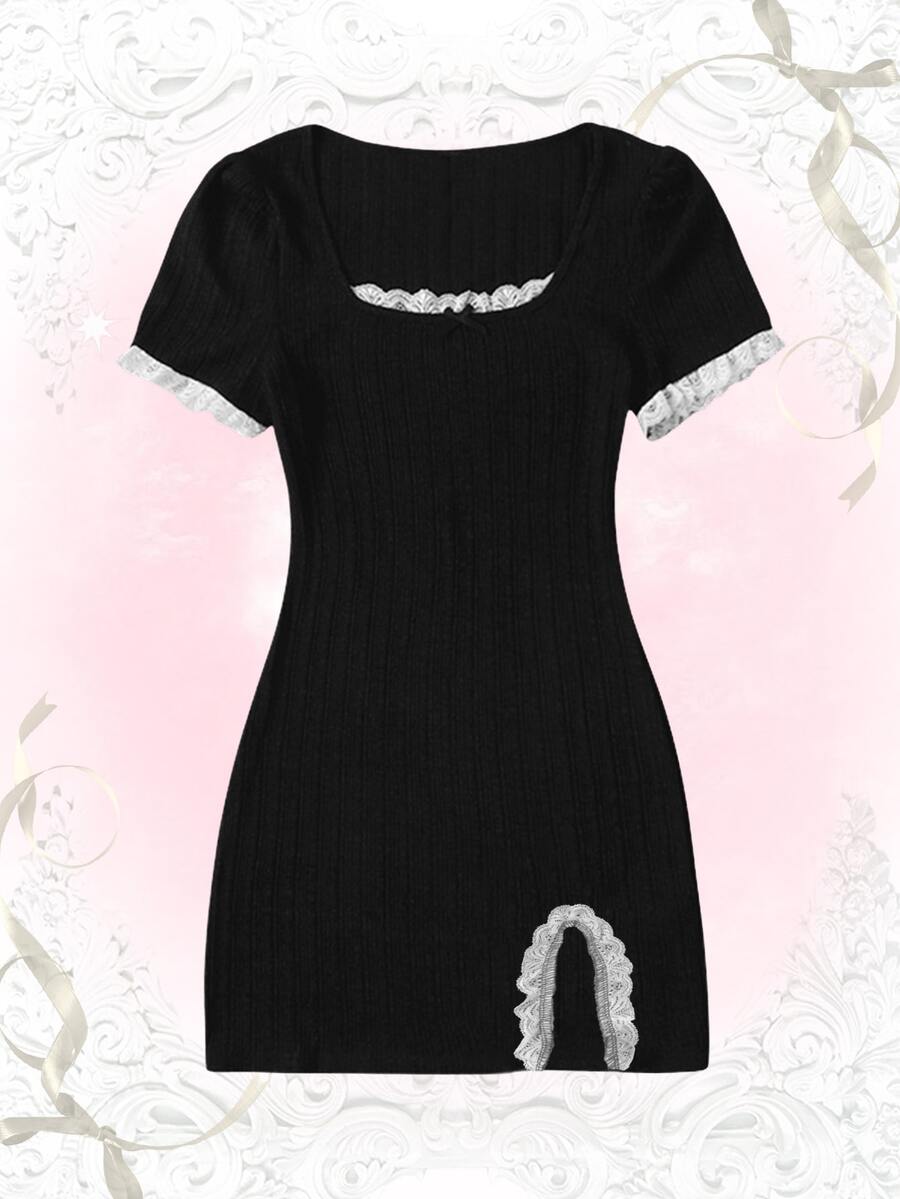 Women's black ribbed bodycon mini dress with scoop neck, short sleeves, contrast lace trim, and side split hem.