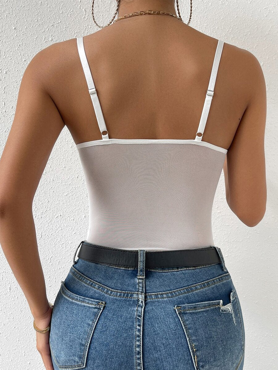 Apricot lace patchwork bodysuit for women featuring contrast corset detailing and spaghetti straps.