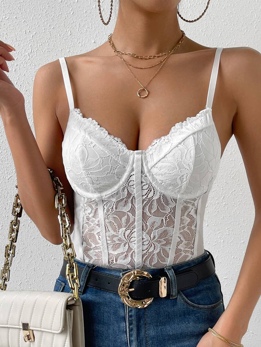 Apricot lace patchwork bodysuit for women featuring contrast corset detailing and spaghetti straps.