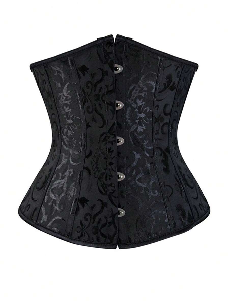 Vintage lace-up waist trainer corset with grommet eyelet details and plant pattern, designed for Halloween styling.