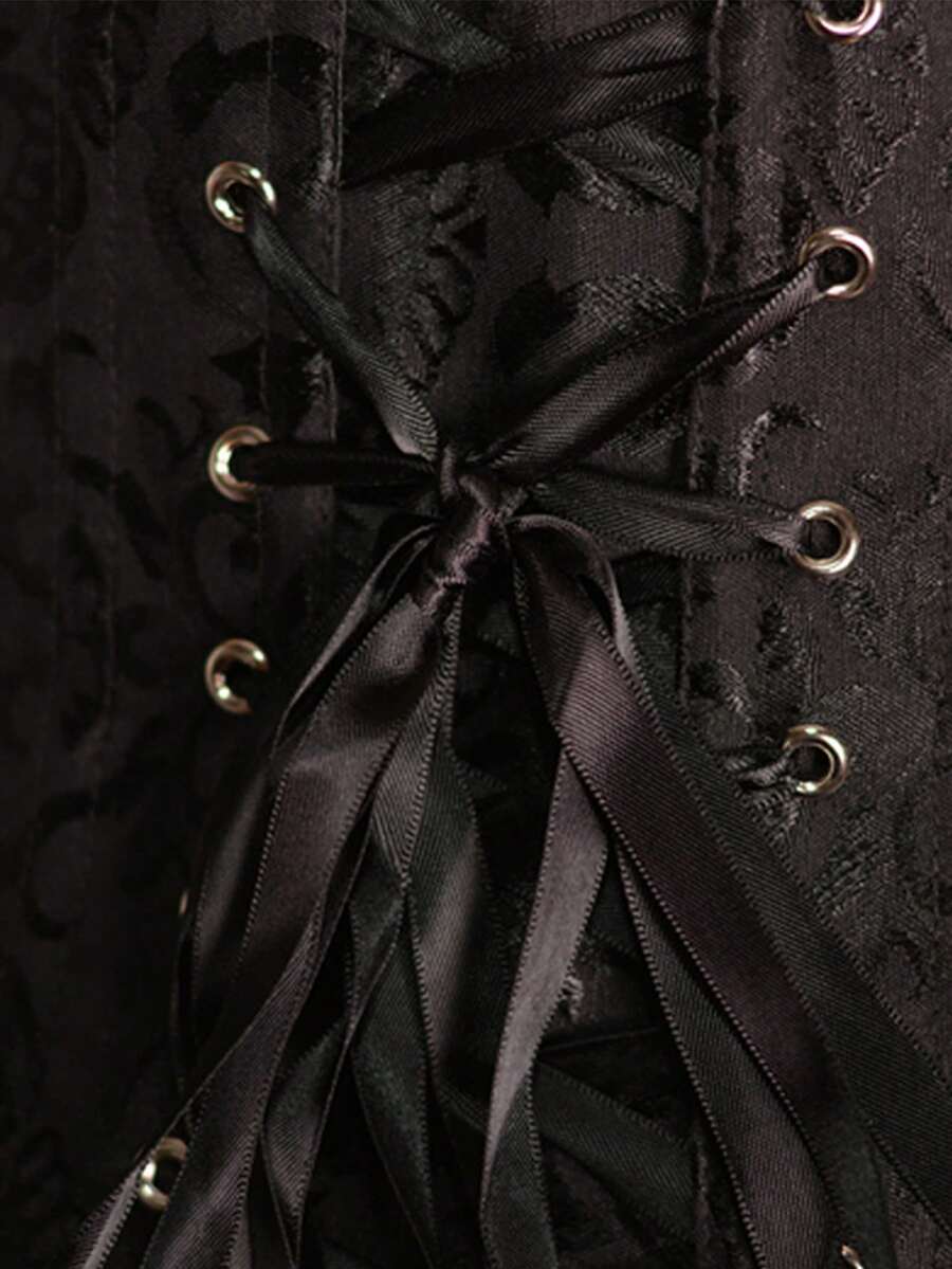 Vintage lace-up waist trainer corset with grommet eyelet details and plant pattern, designed for Halloween styling.
