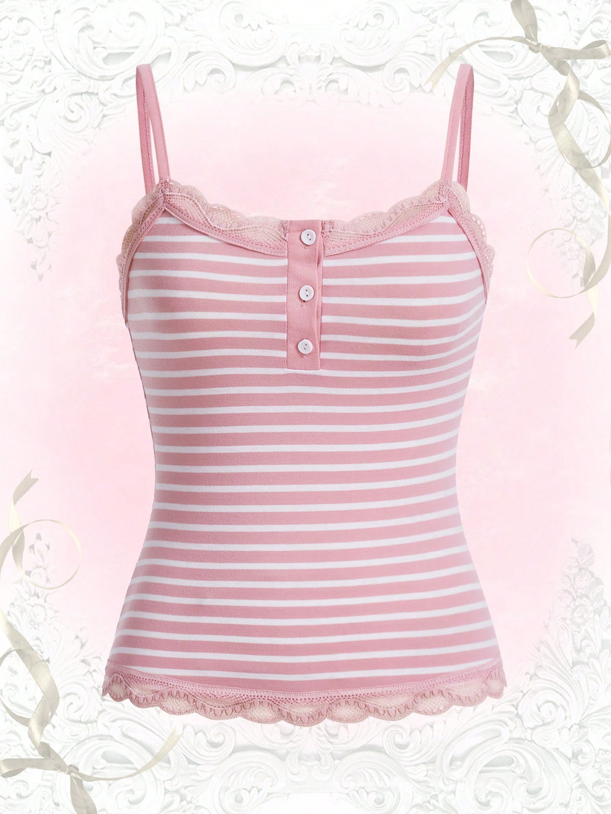 Women's striped contrast lace cami top in rib-knit fabric with spaghetti straps and decorative button detail.