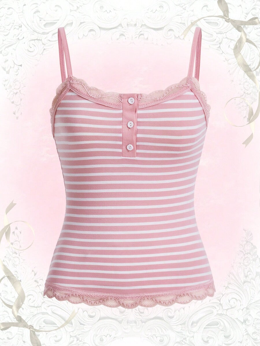 Women's striped contrast lace cami top in rib-knit fabric with spaghetti straps and decorative button detail.