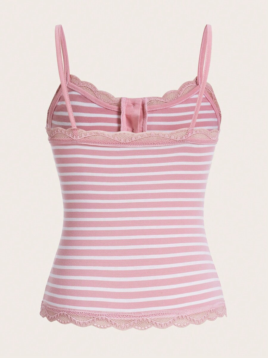 Women's striped contrast lace cami top in rib-knit fabric with spaghetti straps and decorative button detail.