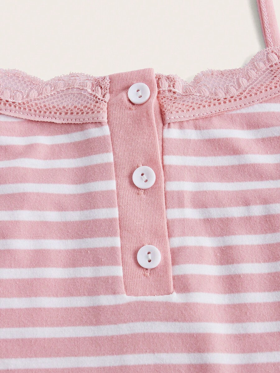 Women's striped contrast lace cami top in rib-knit fabric with spaghetti straps and decorative button detail.