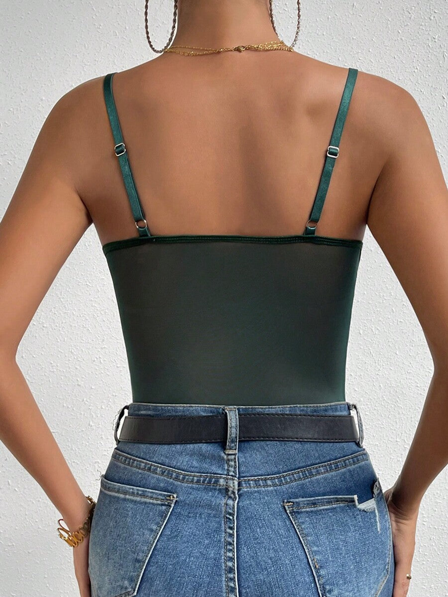 Apricot lace patchwork bodysuit for women featuring contrast corset detailing and spaghetti straps.
