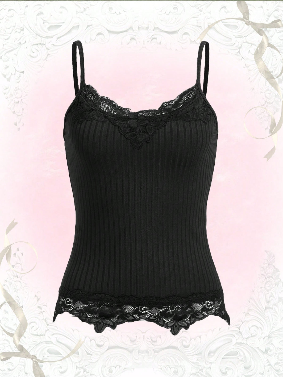 Women's black rib-knit cami top featuring delicate contrast lace trim and thin spaghetti straps.