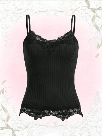 Women's black rib-knit cami top featuring delicate contrast lace trim and thin spaghetti straps.