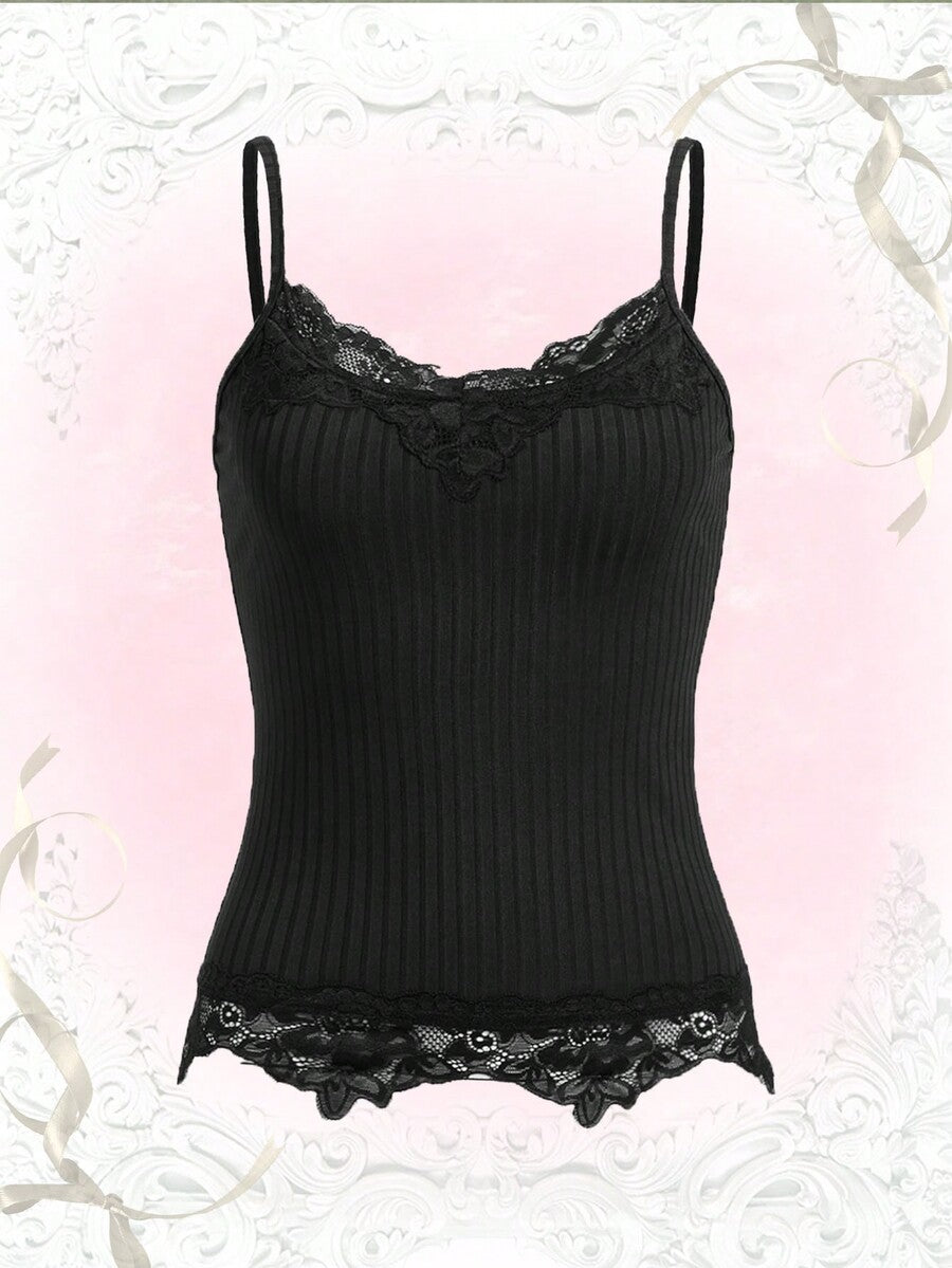 Women's black rib-knit cami top featuring delicate contrast lace trim and thin spaghetti straps.