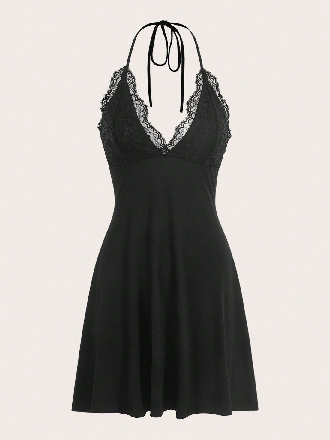 Front and back view of a black backless halter neck mini dress featuring a high waist and flared hem.