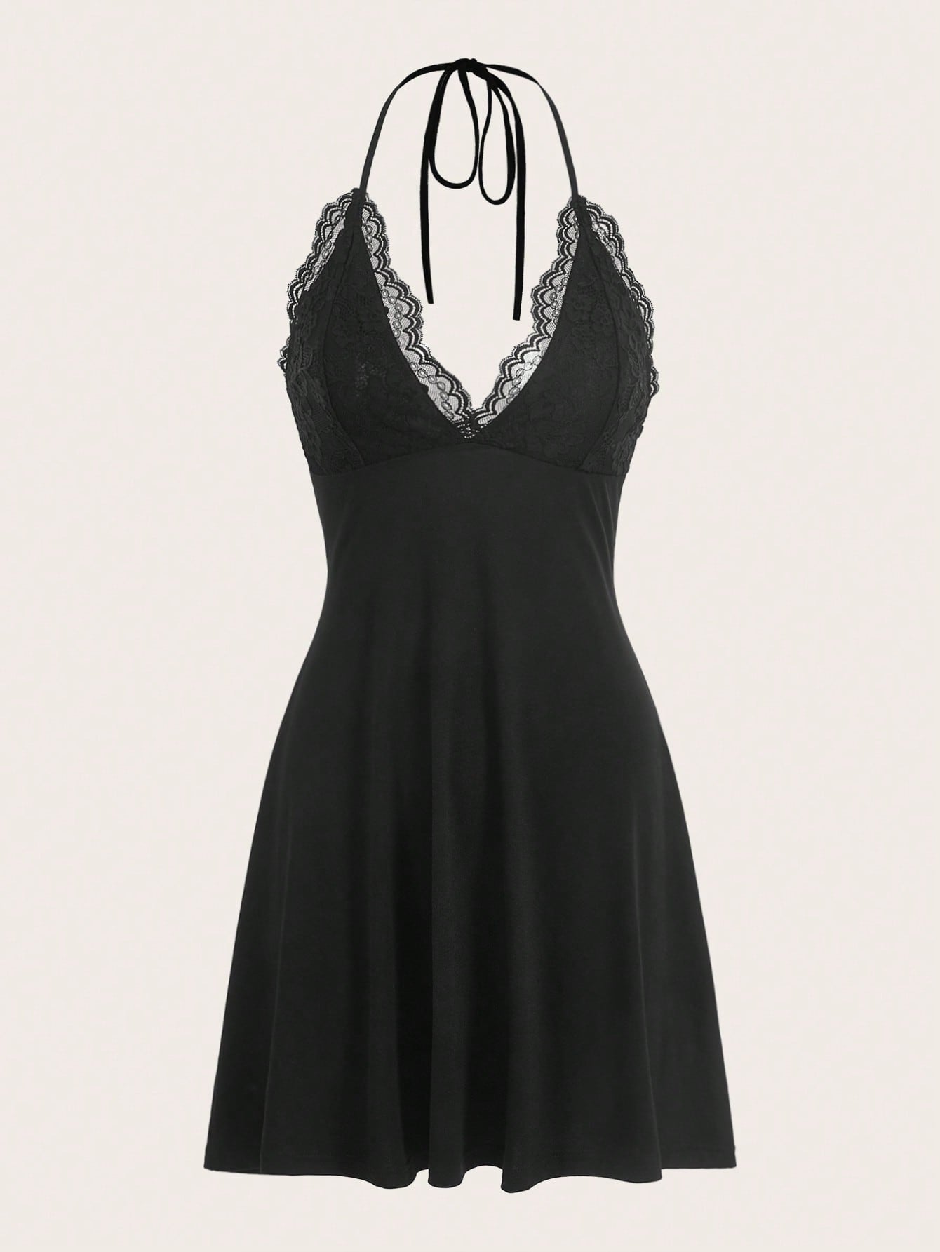 Front and back view of a black backless halter neck mini dress featuring a high waist and flared hem.