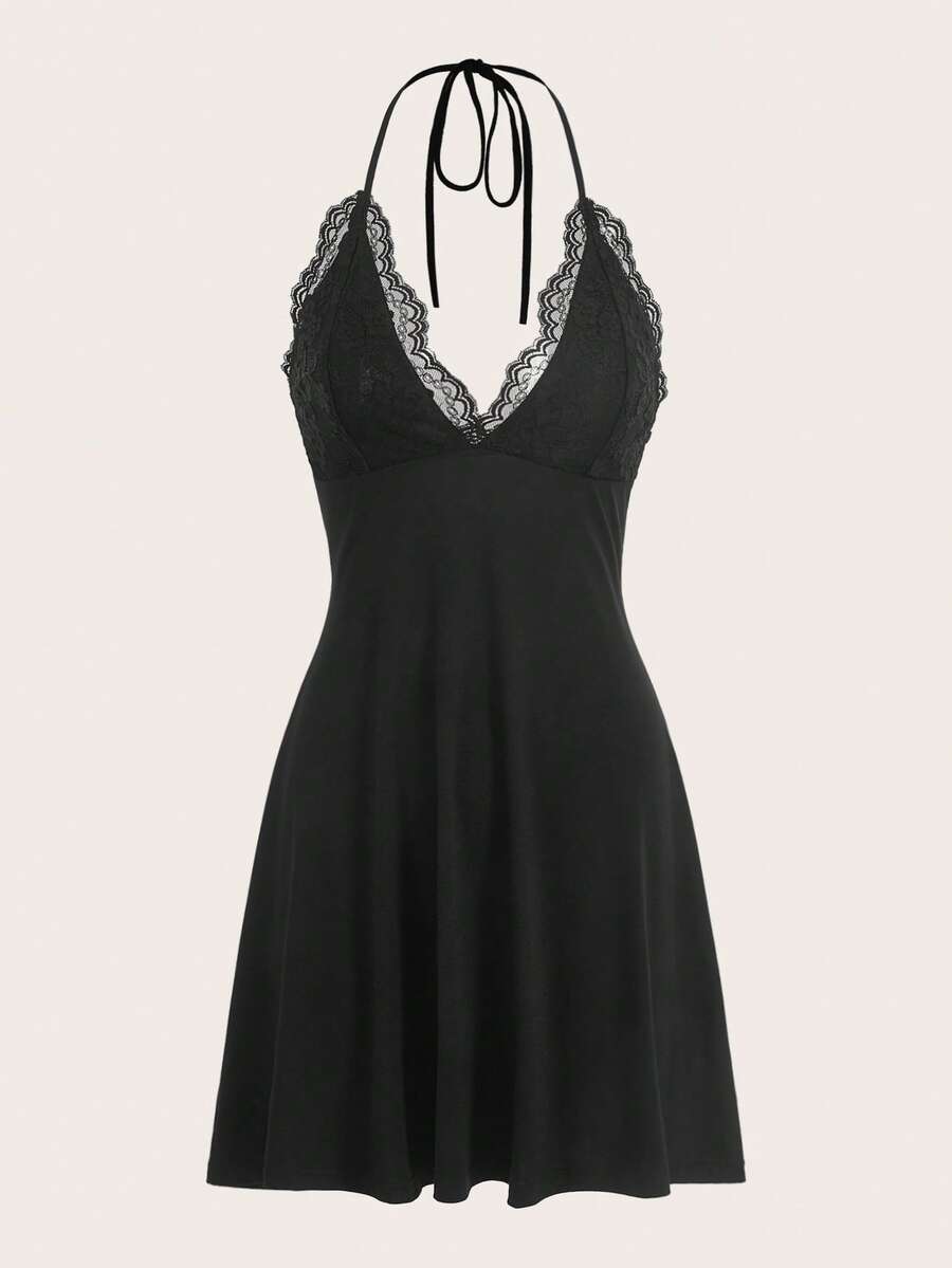 Front and back view of a black backless halter neck mini dress featuring a high waist and flared hem.