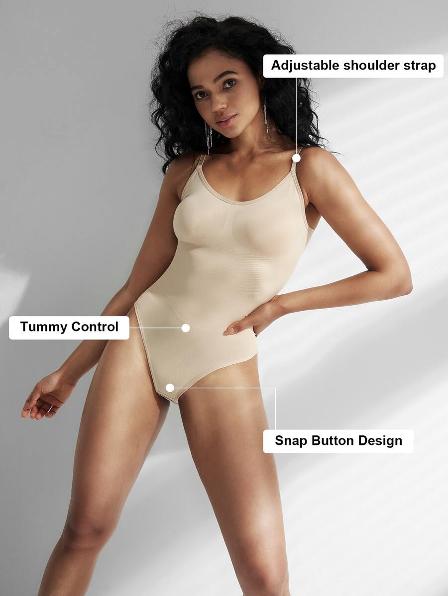Brown seamless shapewear bodysuit featuring backless design, thong bottom, non-removable padding, and high-stretch fabric for tummy and waist control.