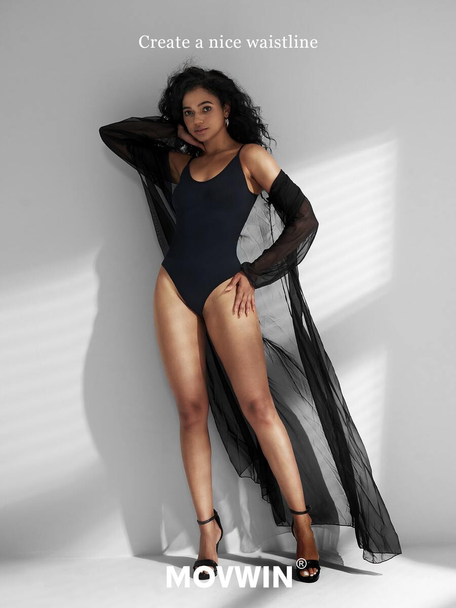 Brown seamless shapewear bodysuit featuring backless design, thong bottom, non-removable padding, and high-stretch fabric for tummy and waist control.