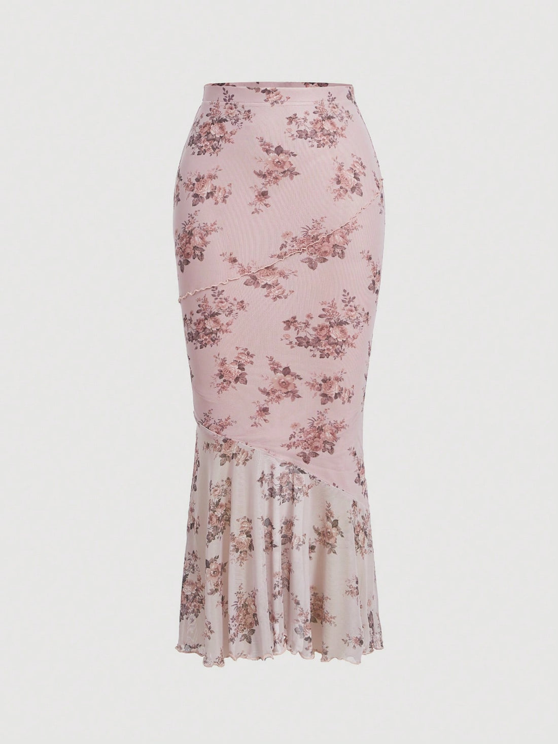 Pink floral print high waist mesh mermaid skirt with lettuce trim and ruffle hem for women