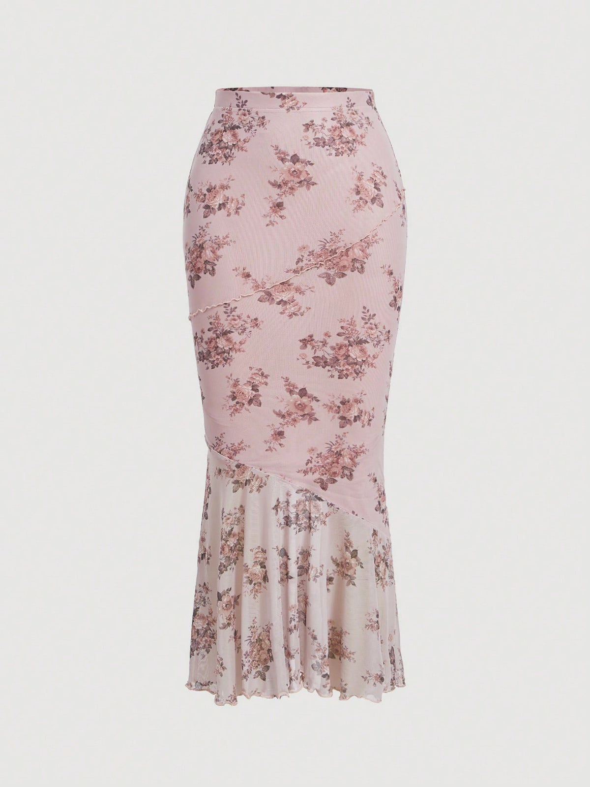 Pink floral print high waist mesh mermaid skirt with lettuce trim and ruffle hem for women