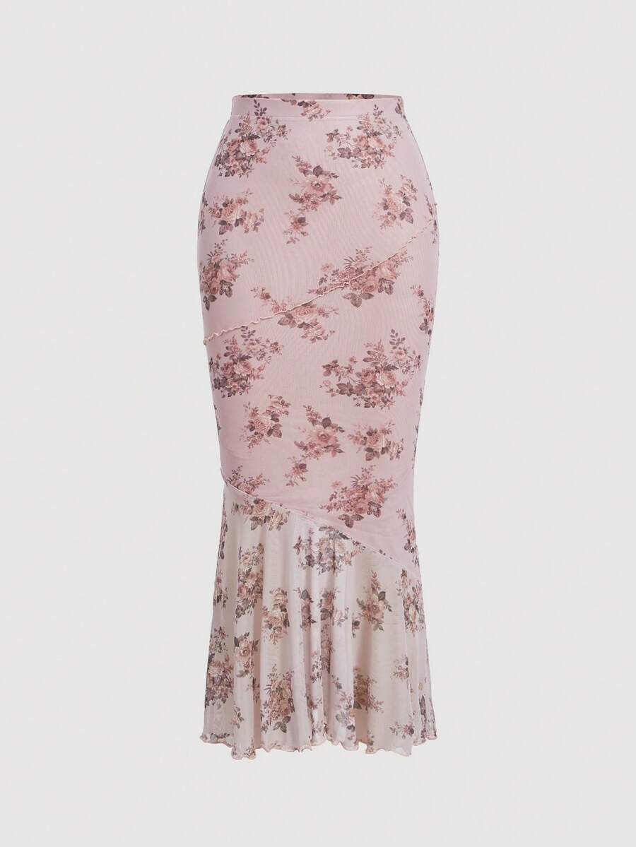 Pink floral print high waist mesh mermaid skirt with lettuce trim and ruffle hem for women