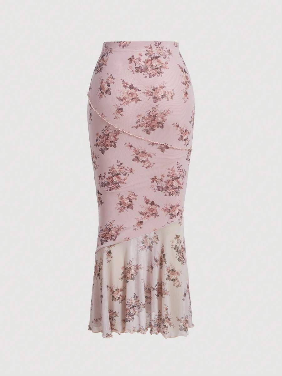 Pink floral print high waist mesh mermaid skirt with lettuce trim and ruffle hem for women