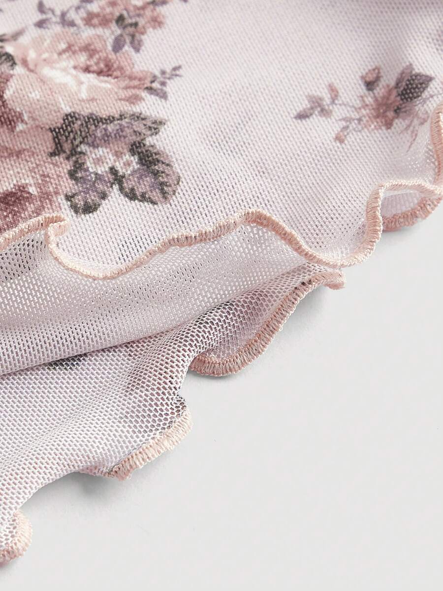 Pink floral print high waist mesh mermaid skirt with lettuce trim and ruffle hem for women