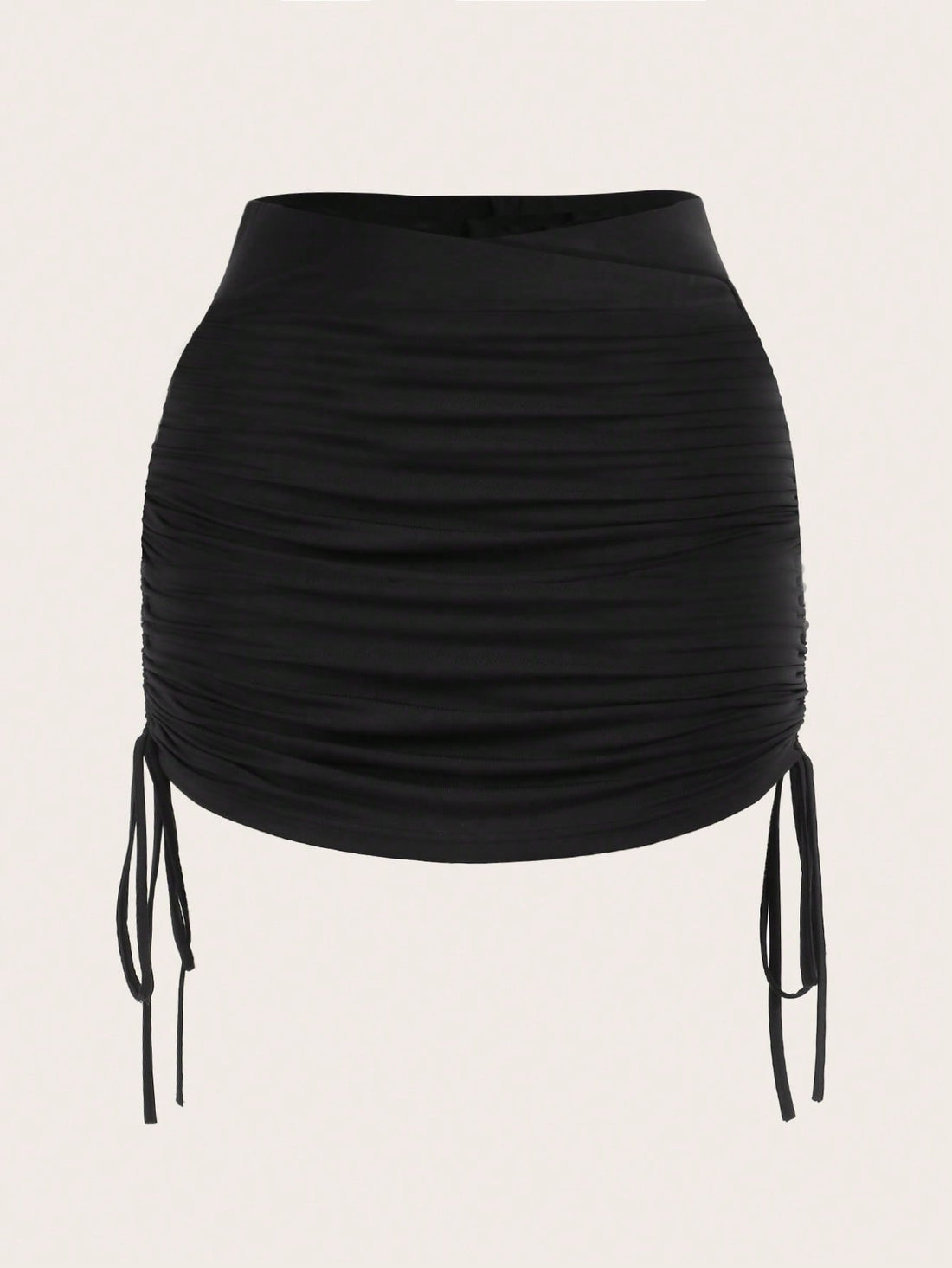 Black drawstring side ruched bodycon mini skirt for women with natural mid waist.