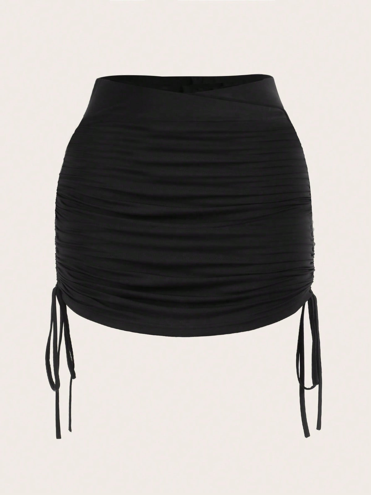 Black drawstring side ruched bodycon mini skirt for women with natural mid waist.