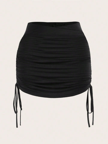 Black drawstring side ruched bodycon mini skirt for women with natural mid waist.