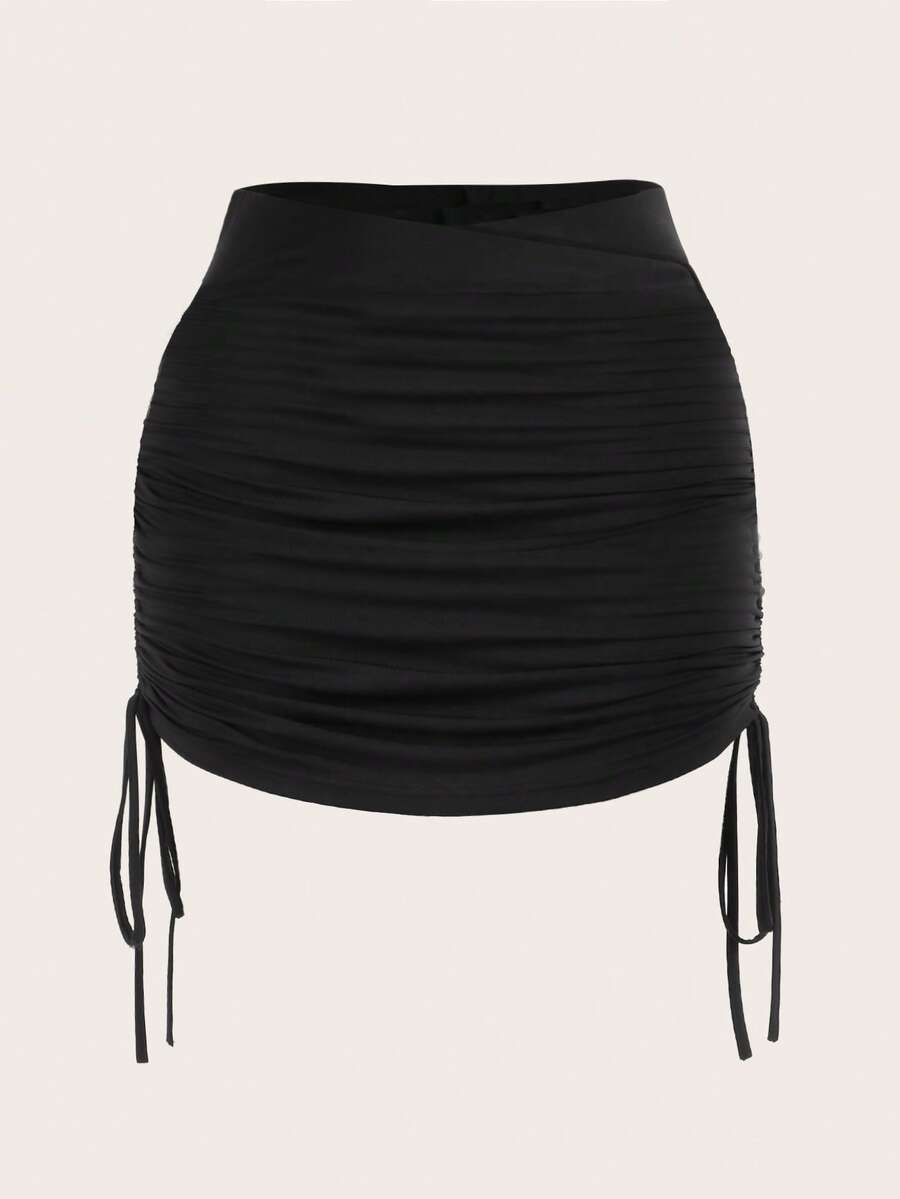Black drawstring side ruched bodycon mini skirt for women with natural mid waist.