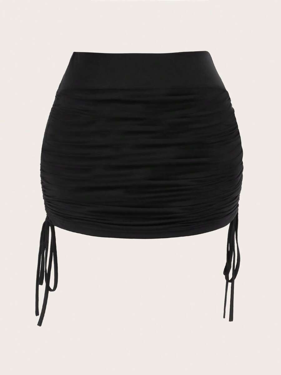 Black drawstring side ruched bodycon mini skirt for women with natural mid waist.