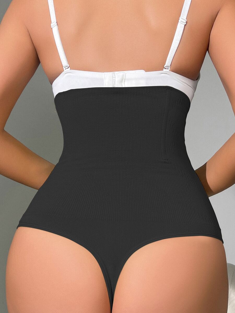 Black women's high waist tummy control shapewear bodysuit with medium support high stretch fabric.
