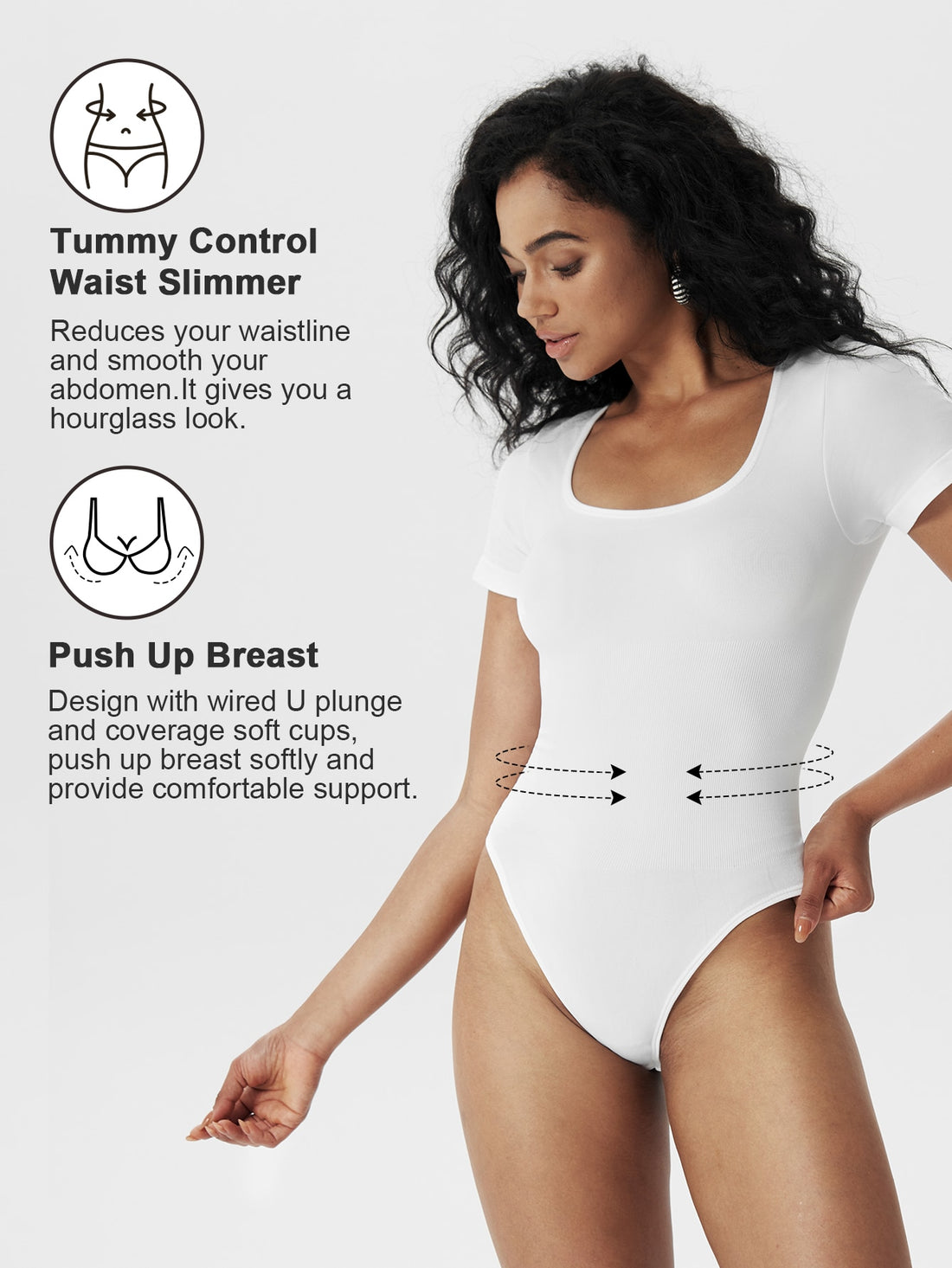 White rib-knit tummy control shapewear bodysuit for women featuring high-stretch fabric and thong bottom design.