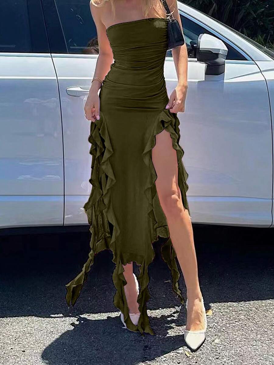 Women's strapless army green ruched tube midi dress featuring a ruffle trim, split thigh, asymmetrical hem, and knitted bodycon fit.
