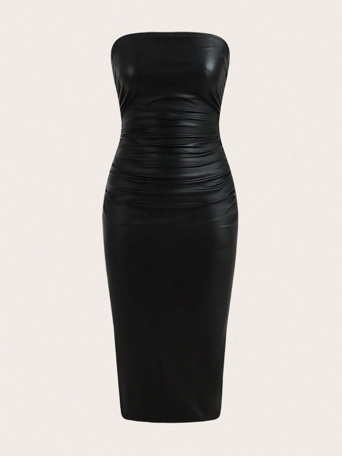 Black strapless bandeau bodycon midi dress with a thigh slit and ruched detailing.