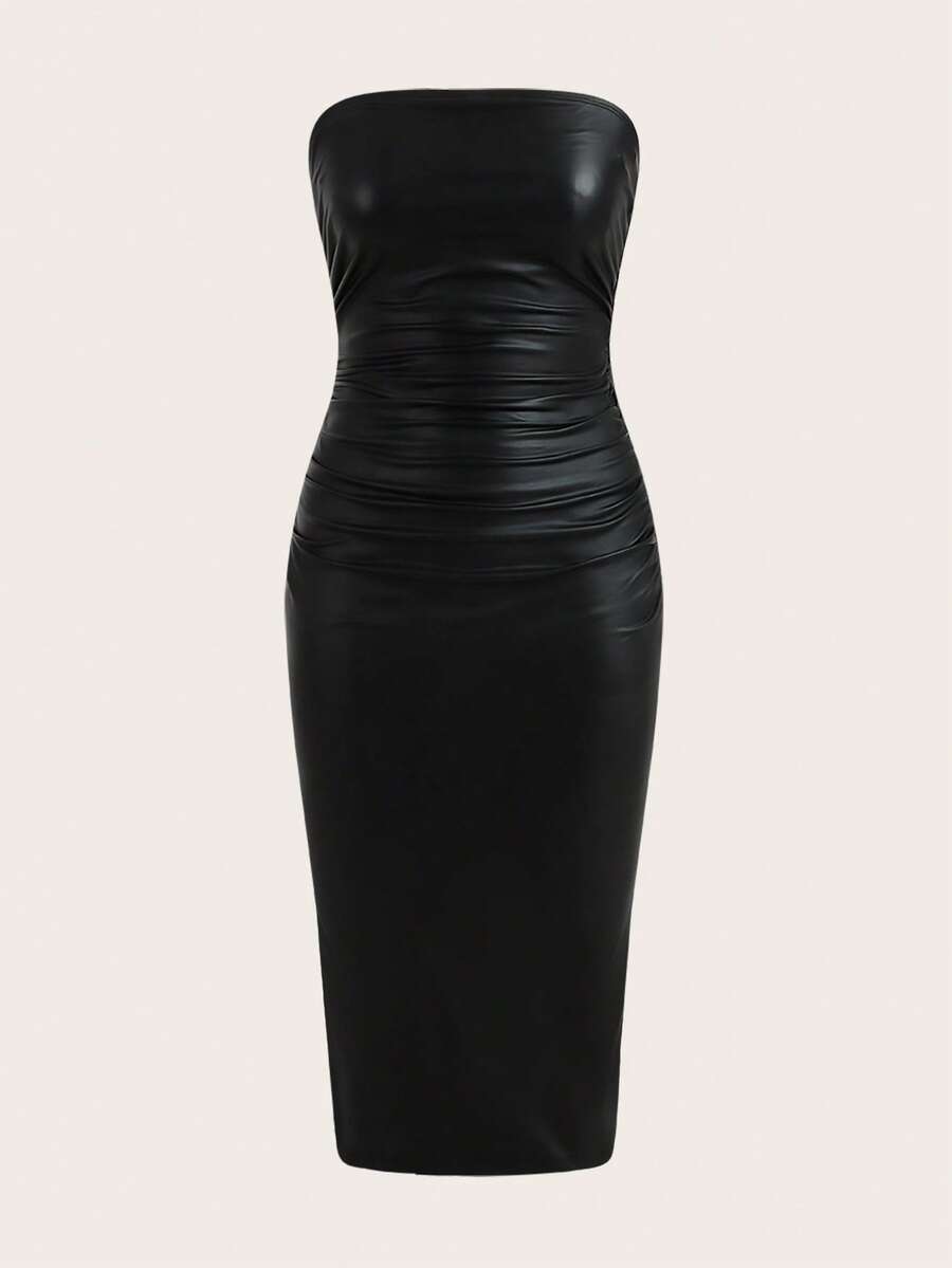 Black strapless bandeau bodycon midi dress with a thigh slit and ruched detailing.