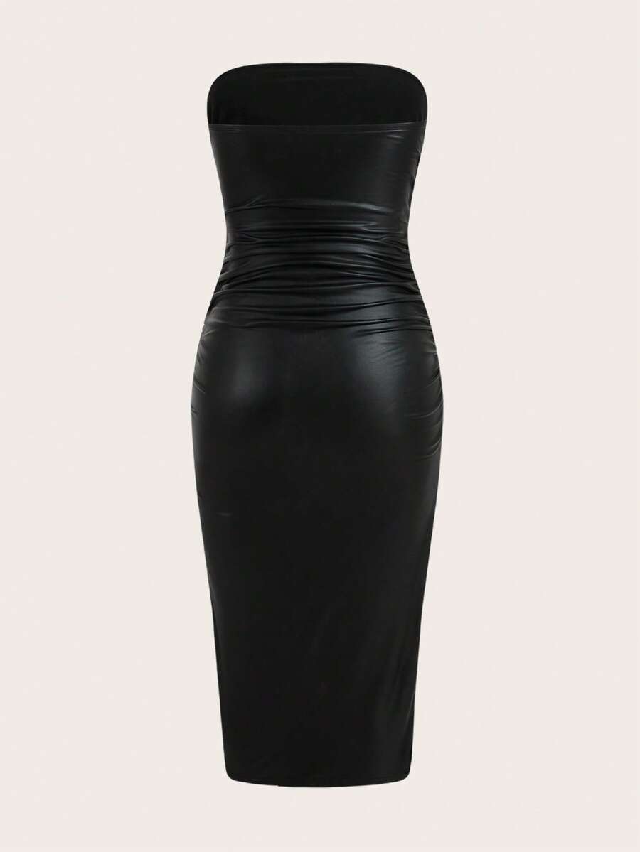 Black strapless bandeau bodycon midi dress with a thigh slit and ruched detailing.