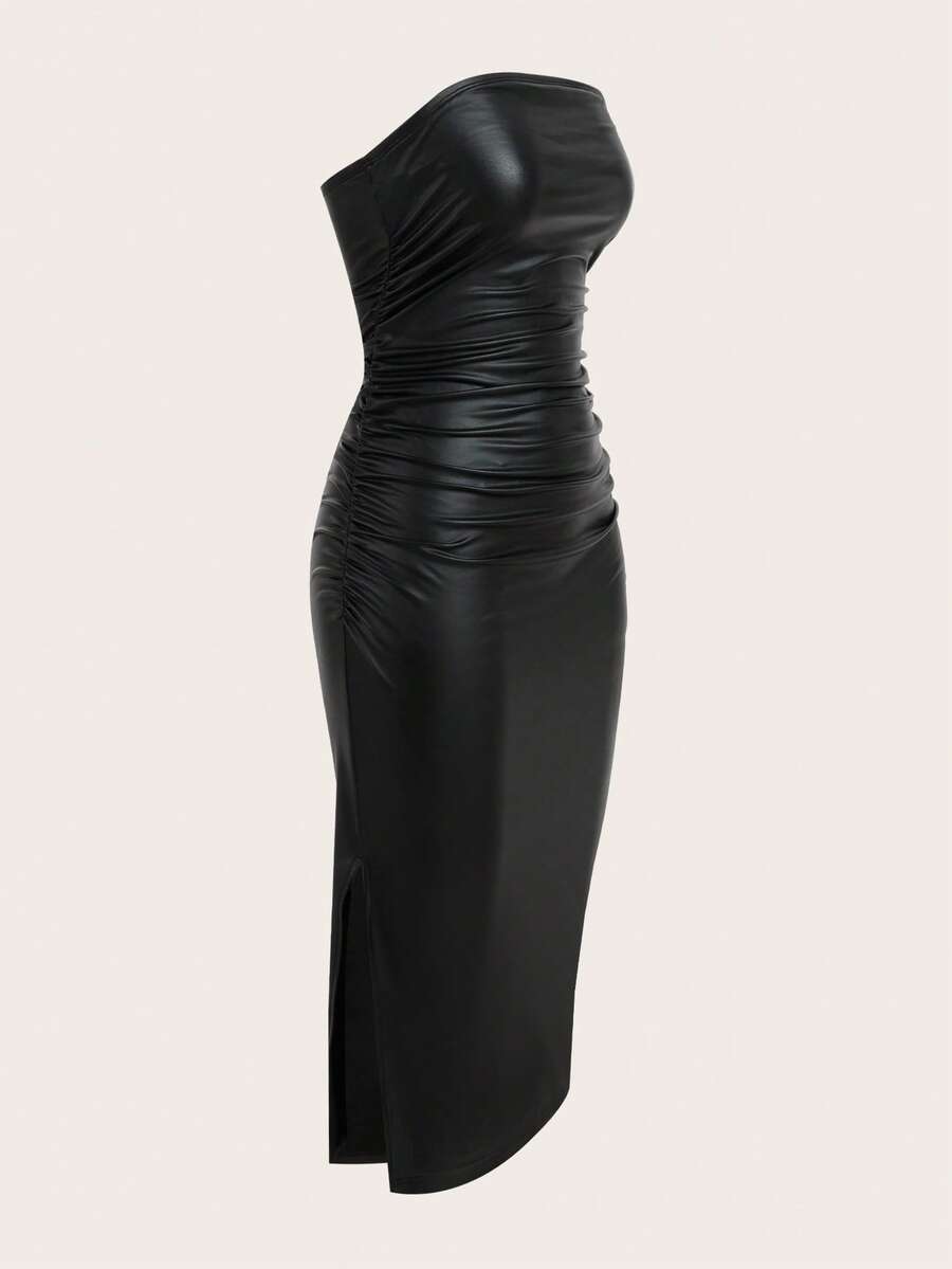 Black strapless bandeau bodycon midi dress with a thigh slit and ruched detailing.