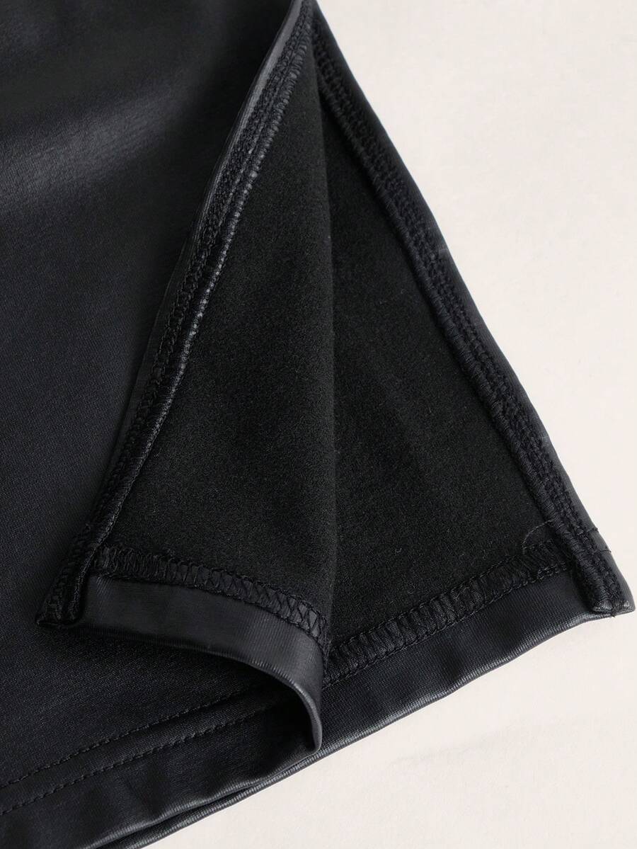 Black strapless bandeau bodycon midi dress with a thigh slit and ruched detailing.