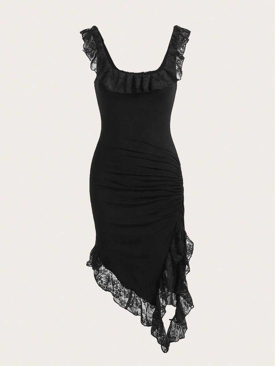 Black sleeveless scoop neck asymmetrical mini dress for women featuring contrast lace ruffle trim, split thigh, and ruched side details.