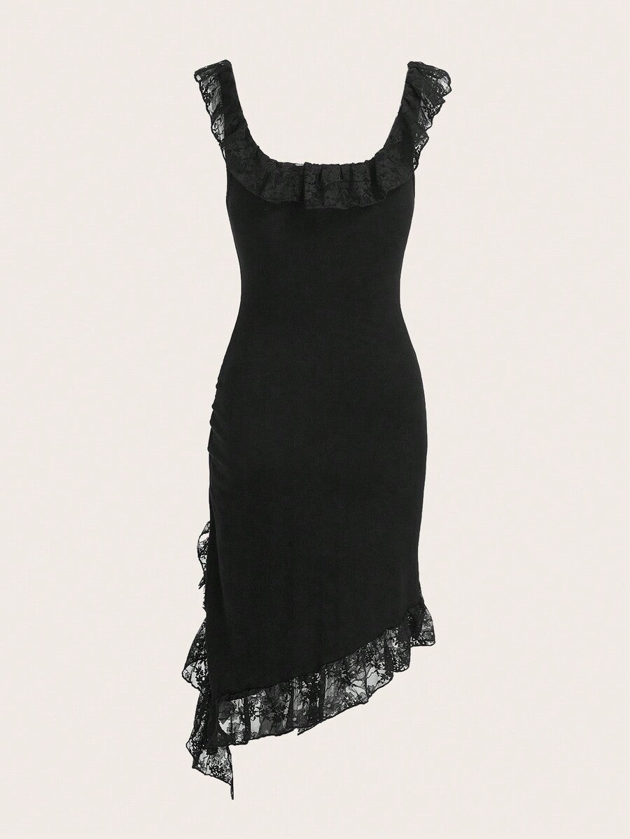 Black sleeveless scoop neck asymmetrical mini dress for women featuring contrast lace ruffle trim, split thigh, and ruched side details.