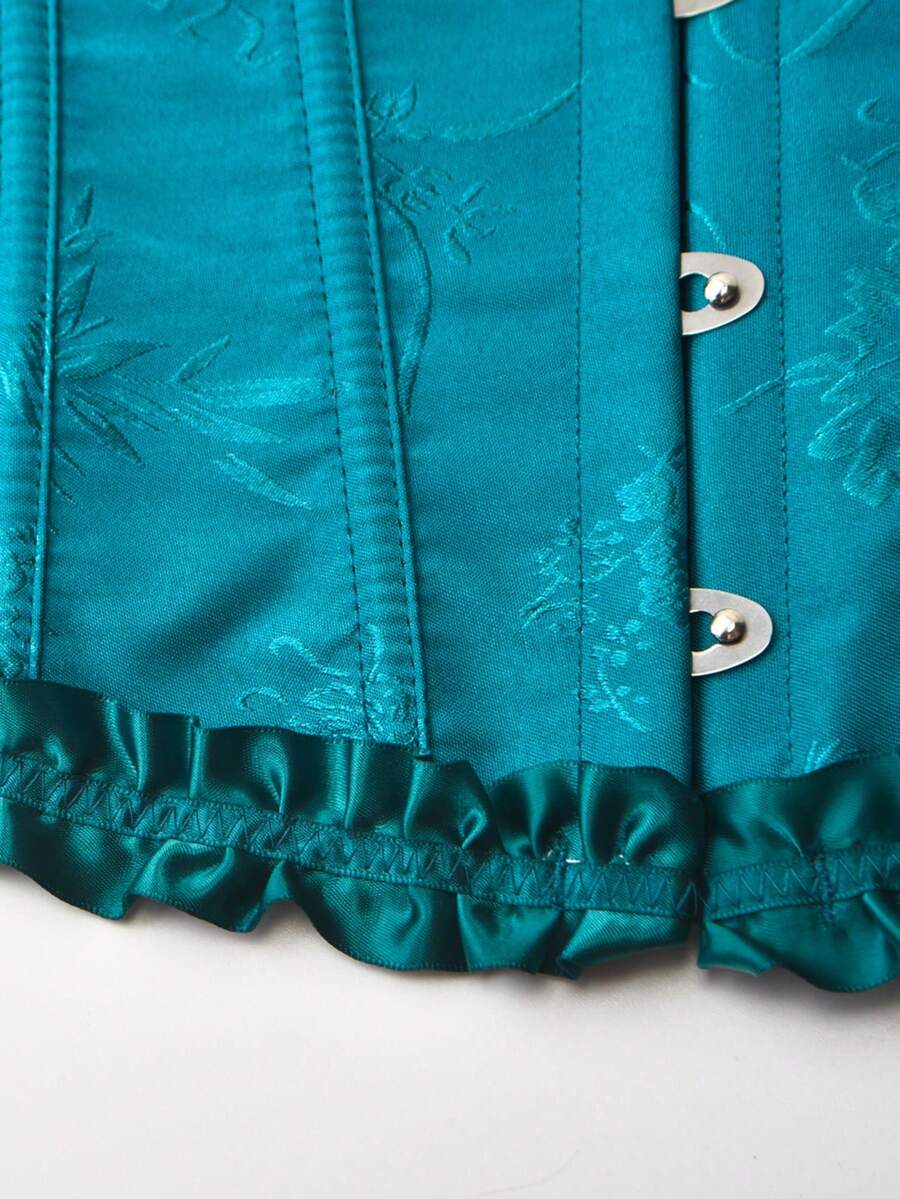 Women’s strapless corset bustier top with front button detail, lace-up back, frill accents, slim fit, and asymmetrical hem.