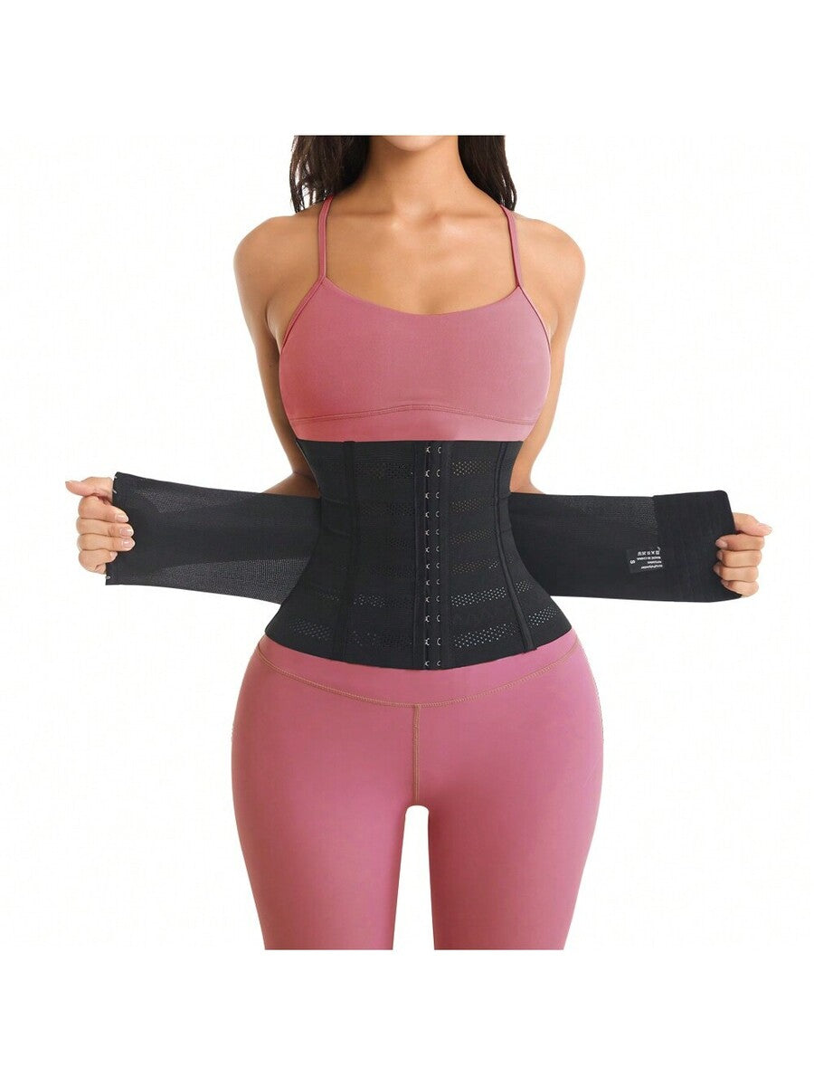 Black adjustable waist cincher shapewear for women made of high stretch knitted fabric for tummy and waist control.