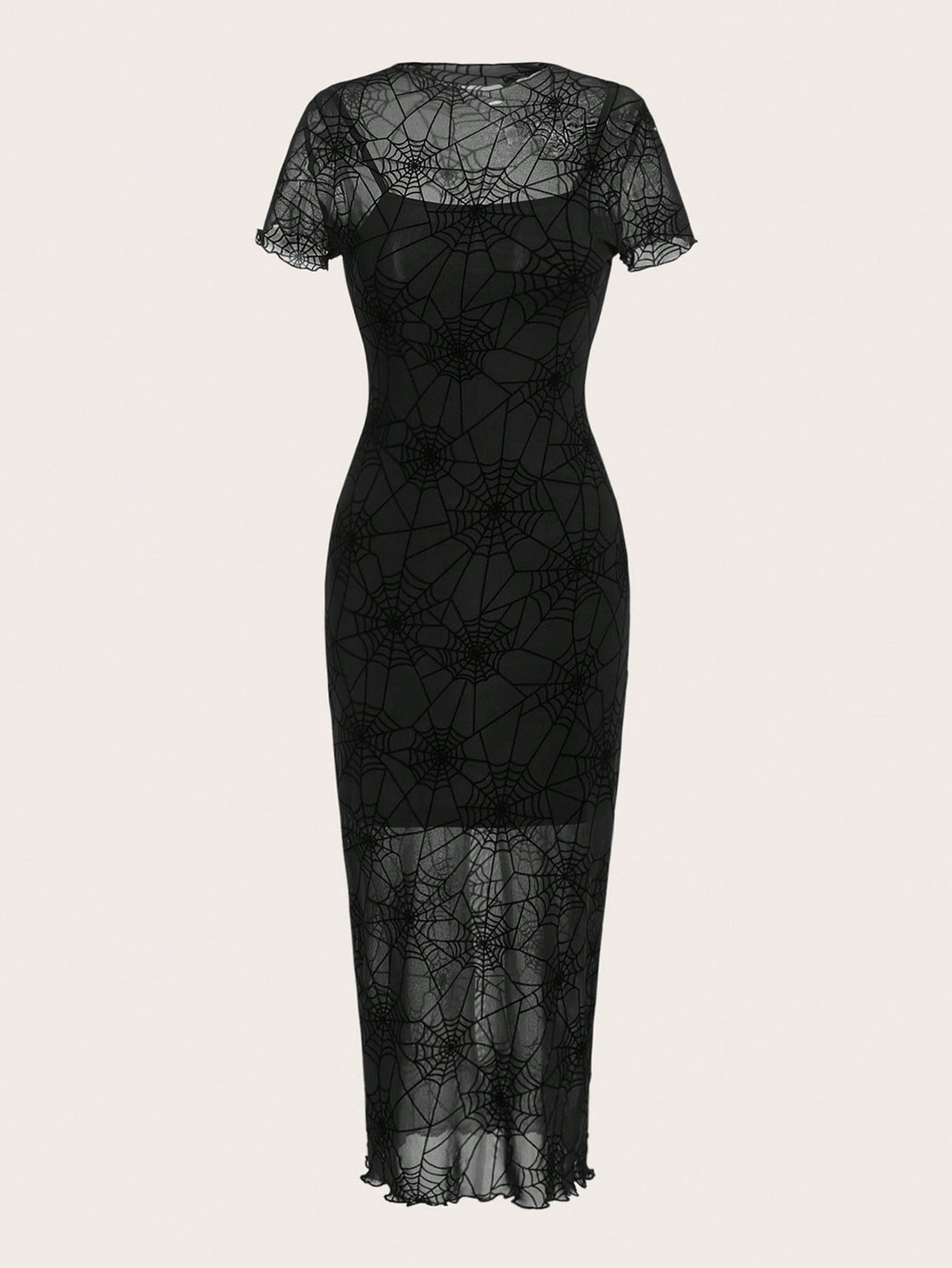 Black long bodycon dress for women featuring a Halloween spider web print, round neckline, short sleeves, lettuce trim, and a side hem slit.