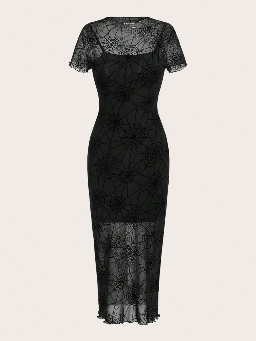 Black long bodycon dress for women featuring a Halloween spider web print, round neckline, short sleeves, lettuce trim, and a side hem slit.