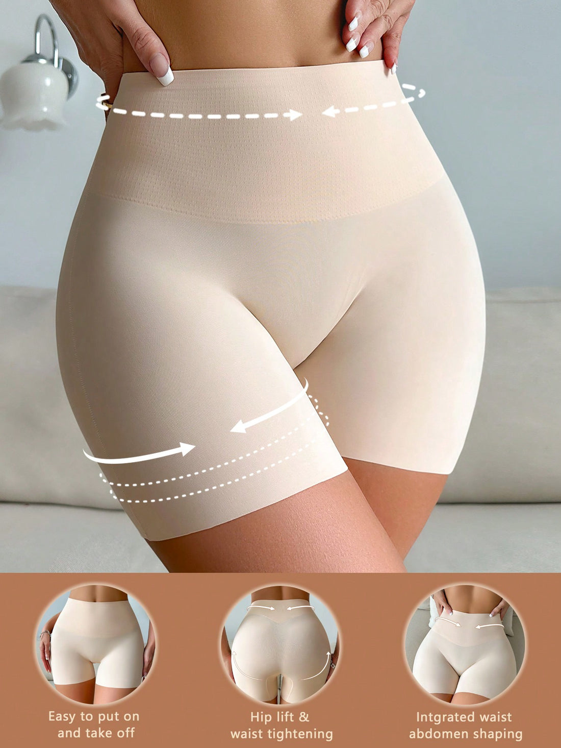 Women wearing apricot super high waist shapewear shorts designed for ultra-light thigh smoothing
