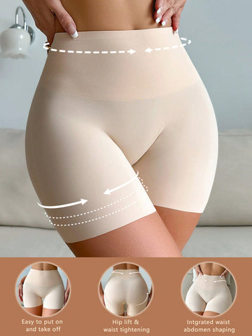 Women wearing apricot super high waist shapewear shorts designed for ultra-light thigh smoothing