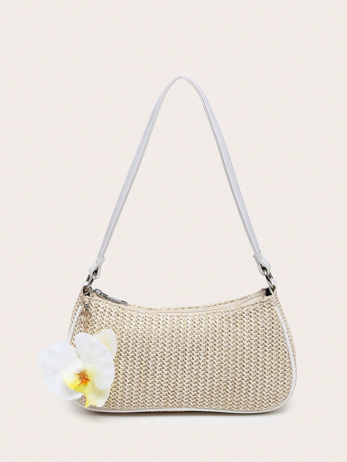 Women's Underarm Shoulder Bag, Square Bag, PU Rope Flower Pendant, Large Capacity, Lightweight, Casual Fashionable Beach Vacation Style, Suitable For Shopping And Vacation , Beach Bag, Holiday, Straw Bag