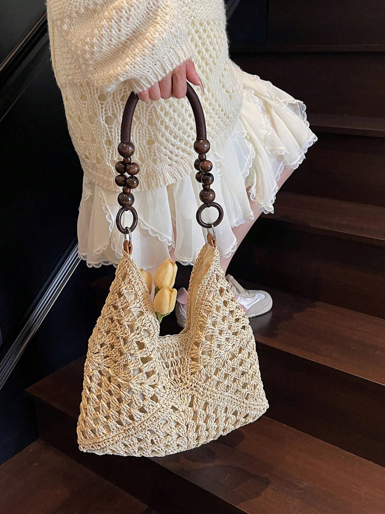 Handmade Crochet Hollow Straw Bag, Patchwork Large Capacity Shoulder Bag, Bohemian Contrast Color Straw Bag, Casual Versatile Women Bag, Slouchy Woven Bag, Summer Beach Vacation Straw Bag, Commute & Travel Dual-Use Women Bag, Can Fit , Gift For Women