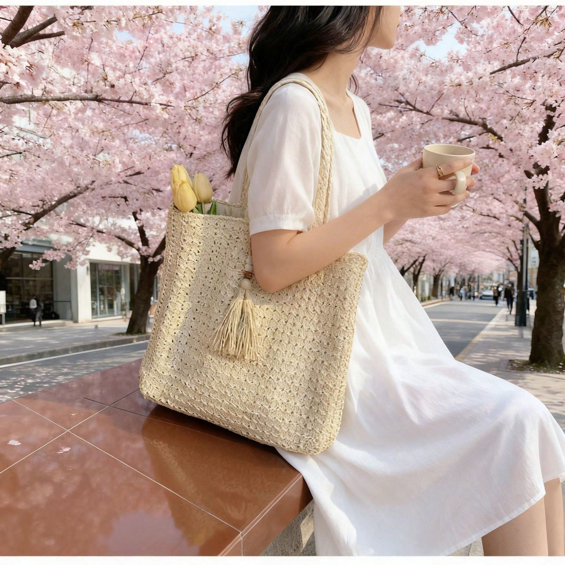 Women's Large Capacity Straw Vacation Beach Bag, Woven With Tassels, Shoulder Handbag Wallet, Casual Fashion Travel Bag, Portable Bohemian Foldable Tote , Bohemian Outfit For Women , Summer, Boho