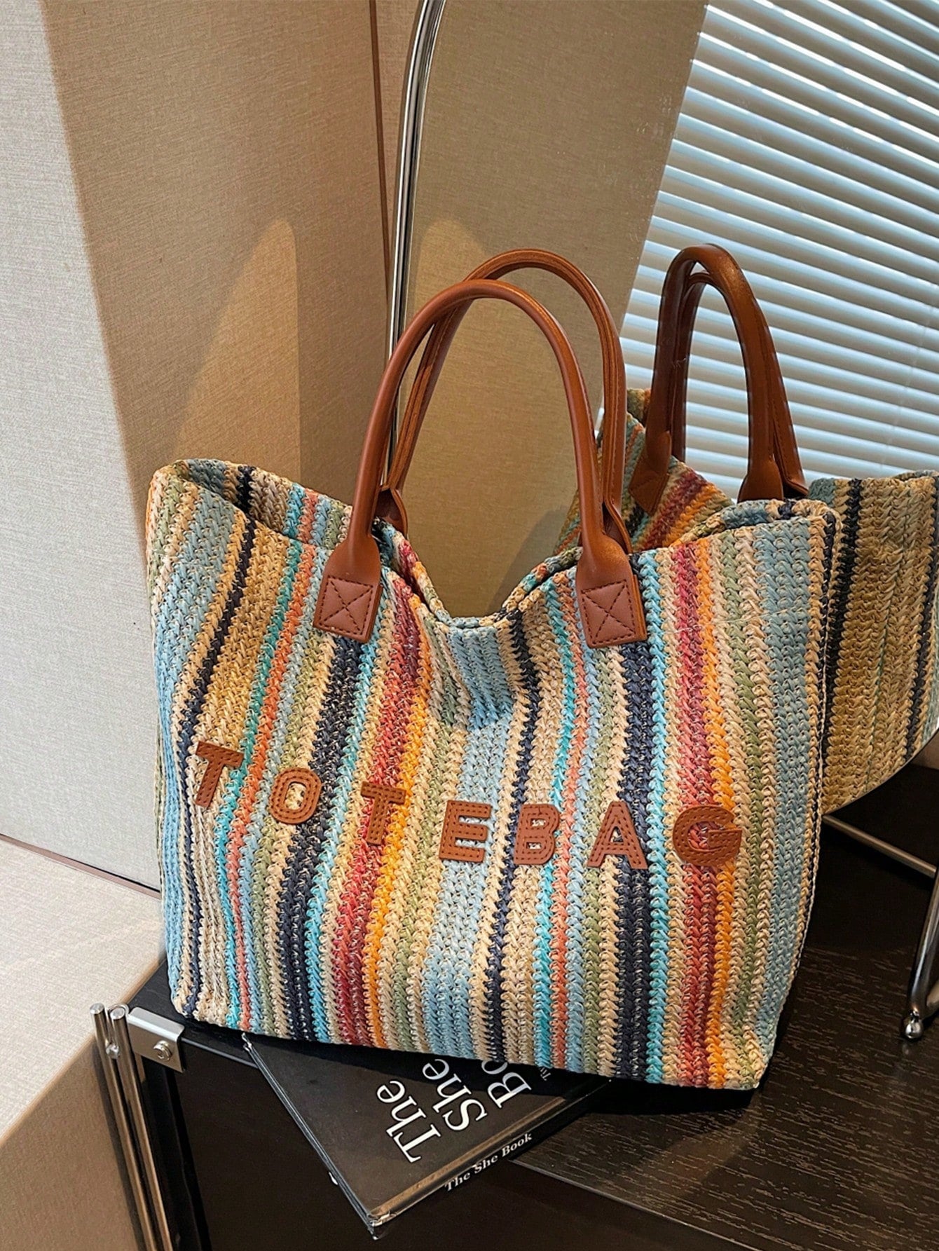 New Large Capacity Letter Decor Woven Straw Tote Bag, Multi-Functional Commute Casual Vacation Woven Straw Handbag Suitable For Commuting, Shopping, Beach Vacation, Office, Holidays