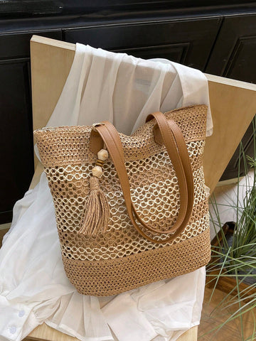 Tasseled Accent Colorblock Tote Bag, Beach Vacation Bag